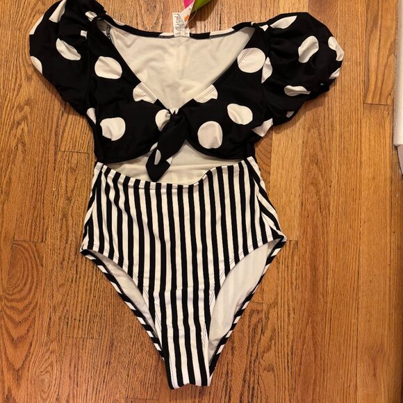 Tabitha Brown for Target Striped/Dot Print Tie-Front One Piece Swimsuit Sz Large - Picture 1 of 6
